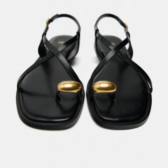 ZARA FLAT STRAPPY SANDALS WITH METAL EMBELLISHMENT - Picture 1 of 5